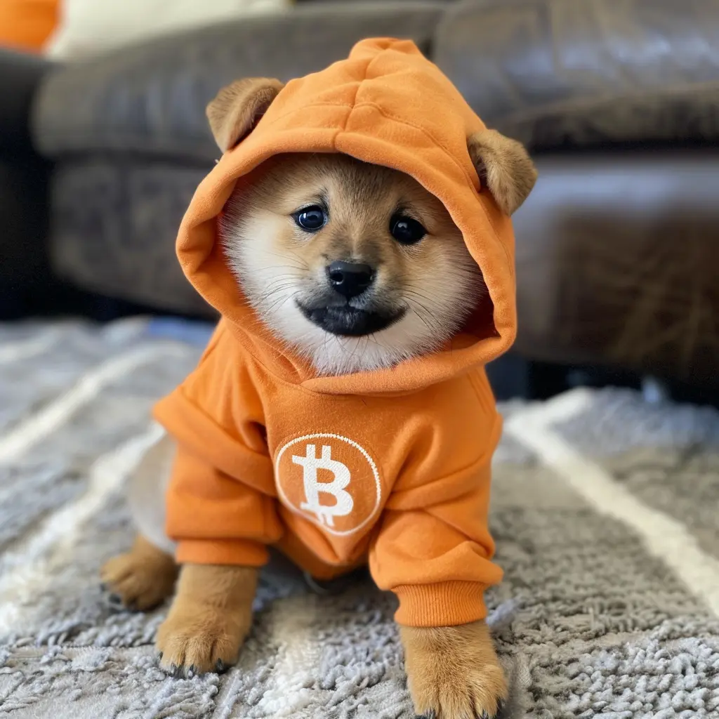 a six week old shiba inu puppy dressed in an orange hoodie with a bitcoin logo on the front